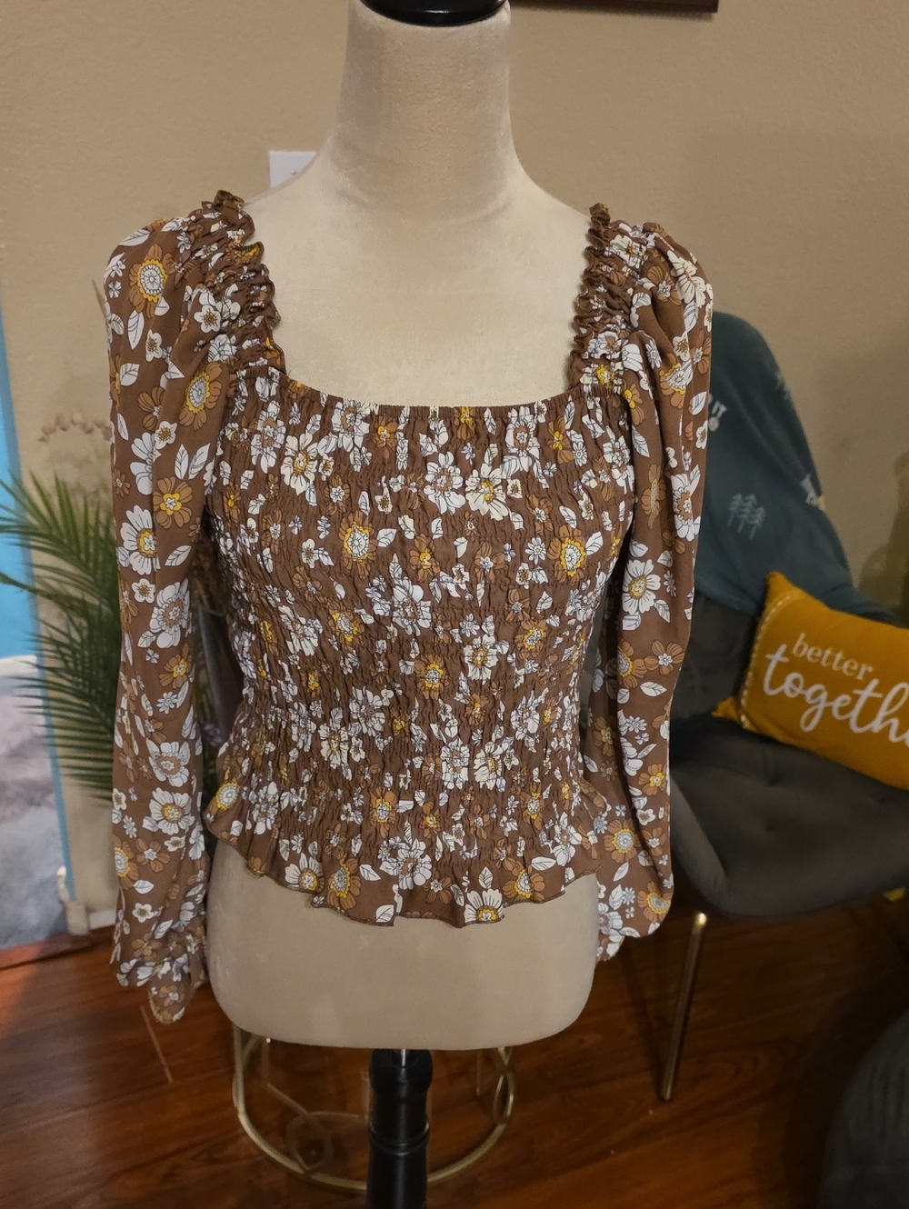 Brown Floral Smocked Square-Neck Blouse